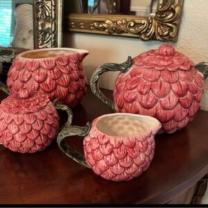 Fitz and Floyd Omnibus Strawberry Teapot, Pitcher,Sugar and Creamer Set